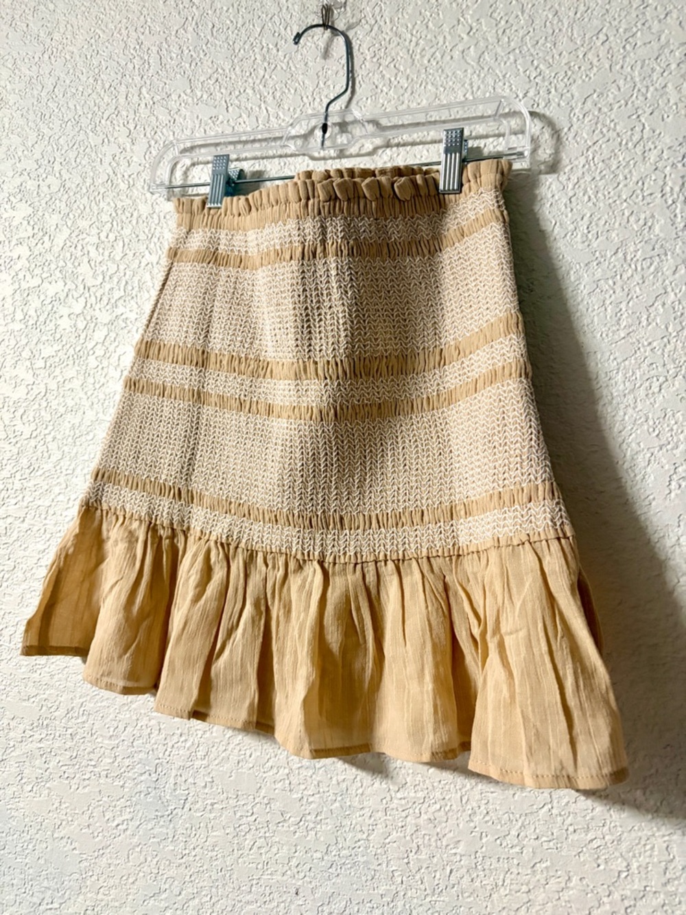 Wishlist  Boho Cream and Tan Smocked Stretchy  A-Line Cotton Ruffle Hem Skirt